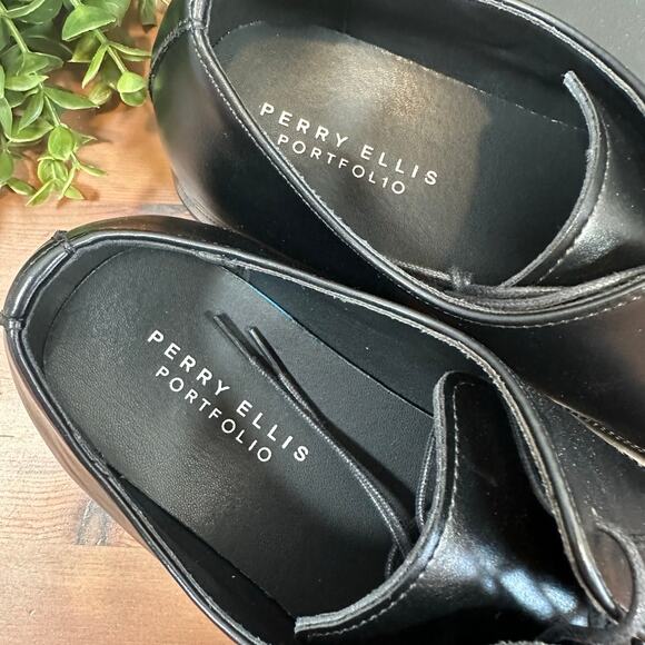 Perry Ellis Portfolio Black Leather Oxfords Shoes Size 10.5